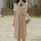 Short-sleeve Collar Crisscross Midi A-line Dress