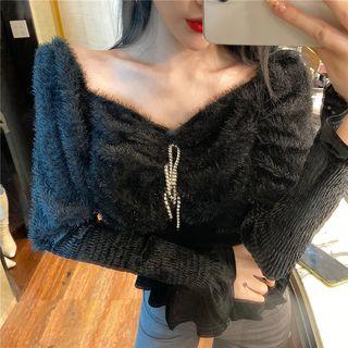 Rhinestone Fringed Furry Long-sleeve Smocked Top Black - One Size