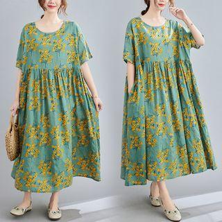 Short-sleeve Floral Midi A-line Dress Green - One Size