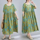 Short-sleeve Floral Midi A-line Dress Green - One Size