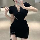 Short-sleeve Rhinestone Cut-out Mini Sheath Dress