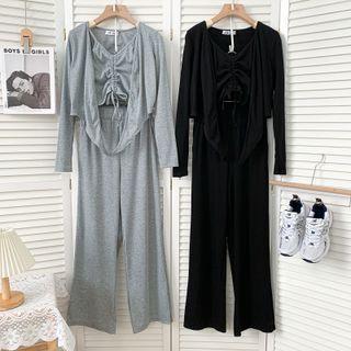 Set: Drawstring Camisole Top + Asymmetrical Light Jacket + Wide-leg Pants