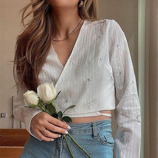 Flower Embroidered Tie-strap Cropped Blouse