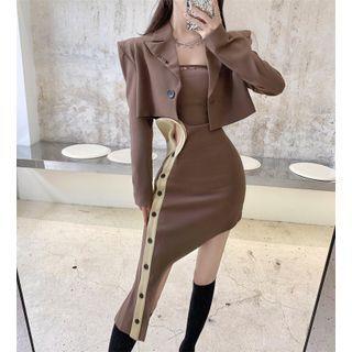 Details Asymmetrical Mini Tube Dress / Padded-shoulder Crop Blazer