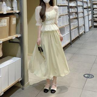 Short-sleeve Square-neck Smocked Shirt / High-waist Plain A-line Midi Skirt