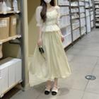 Short-sleeve Square-neck Smocked Shirt / High-waist Plain A-line Midi Skirt