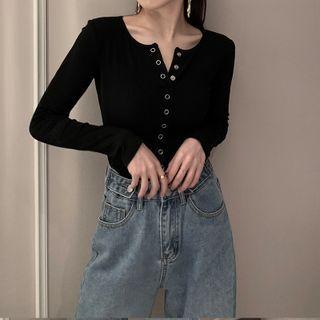 Long-sleeve V-neck Cropped Single-breasted Plain Top