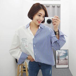 Tall Size Color-block Stripe Shirt Blue - One Size