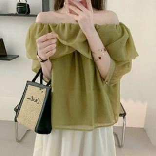Elbow-sleeve Off Shoulder Blouse / Skirt