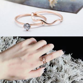 Set Of 2: Rhinestone Stainless Steel Ring + Wavy Ring