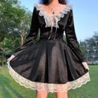Long Sleeve Lace-trim Tie-front Mini Velvet Dress