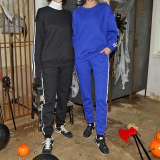 Set: Contrast-trim Brushed-fleece Lined Sweatshirt + Sweatpants