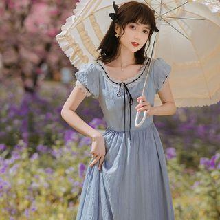 Puff-sleeve Lace Trim Tie-front Midi A-line Dress