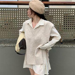 V-neck Tie-strap Vest / Striped Mini Shirtdress