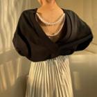 Faux Pearl Strap Sweatshirt / Plated Midi A-line Skirt