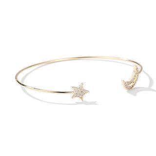 925 Sterling Silver Rhinestone Moon & Star Open Bangle As Shown In Figure - One Size