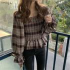 Flared-cuff Plaid Blouse Plaid - Gray - One Size
