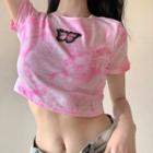 Short-sleeve Butterfly Embroidered Tie-dye Cropped T-shirt Pink - One Size