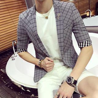 Elbow-sleeve Plaid Blazer