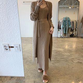 Long Cardigan / Spaghetti Strap Midi Sheath Knit Dress
