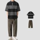 Elbow-sleeve Striped Polo Shirt / Straight Leg Pants / Shorts