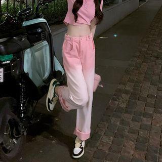 Gradient High Waist Straight Leg Jeans / Short-sleeve Crop Top