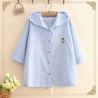 Owl Embroidered Striped Hooded Shirt