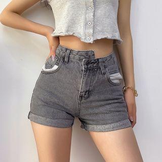 Asymmetric High-waist Rolled Denim Hot Shorts