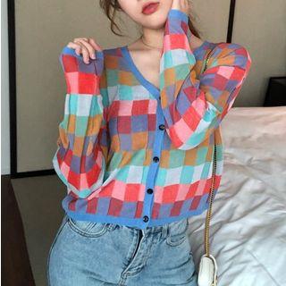 Plaid Long-sleeve Knit Cardigan As Shown In Figure - One Size