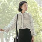 Striped Drawstring-cuff Long-sleeve Blouse White - One Size