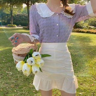 Ruffle Collar Short-sleeve Shirt / Pencil Skirt