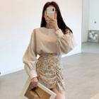 Long-sleeve Blouse / Floral Print Mini Fitted Skirt