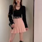 Long-sleeve Button-up Top / Pleated Mini Skirt