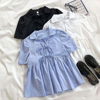 Plain Lace-up Panel Ruffled-trim Short-sleeve Top