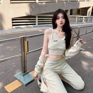 Hooded Cropped Tank Top / Shrug / Boot-cut Pants