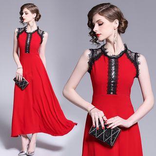 Lace Panel Sleeveless A-line Evening Dress
