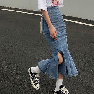 High-waist Washed Denim Split Skirt