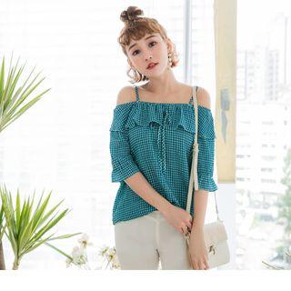 Spaghetti-strap Cold Shoulder Plaid Ruffled Top