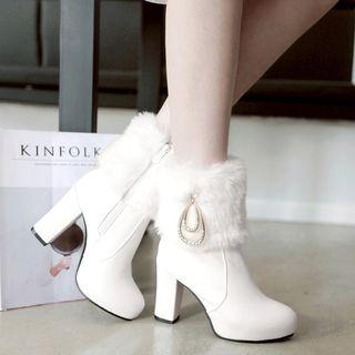Chunky Heel Furry Rhinestone Short Boots