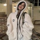 Letter Embroidered Hooded Zip-up Fleece Jacket Off-white - One Size