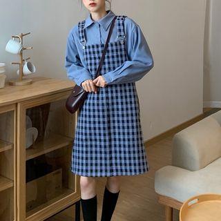 Plain Shirt / Plaid Overall Dress