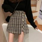 Tweed Buttoned Mini Fitted Skirt