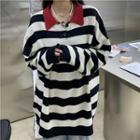 Contrast Collar Striped Polo Sweater Stripe - Black & White - One Size