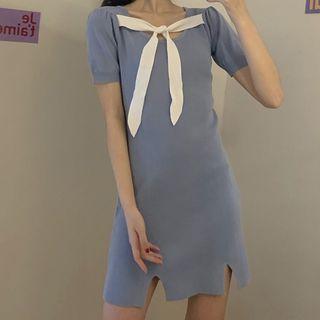 Bow Neck Short-sleeve A-line Dress Blue - One Size