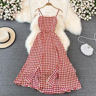 Houndstooth Spaghetti Strap A-line Maxi Dress