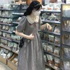Puff-sleeve Collar Gingham Midi A-line Dress