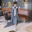 Set: Puff-sleeve Striped Midi Shirtdress + Shawl