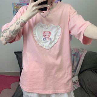 Elbow-sleeve Lace Trim Bear Print T-shirt