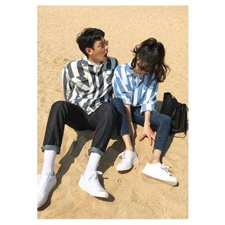 Flap-pocket Long-sleeve Stripe Shirt