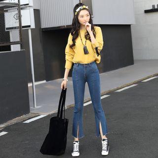 Cropped Slit Boot Cut Jeans